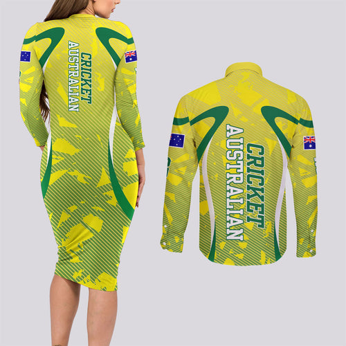 Cricket Australian Couples Matching Long Sleeve Bodycon Dress and Long Sleeve Button Shirt Map Silhouette With Green And Gold Geometric Pattern