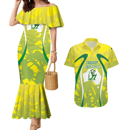 Cricket Australian Couples Matching Mermaid Dress and Hawaiian Shirt Map Silhouette With Green And Gold Geometric Pattern