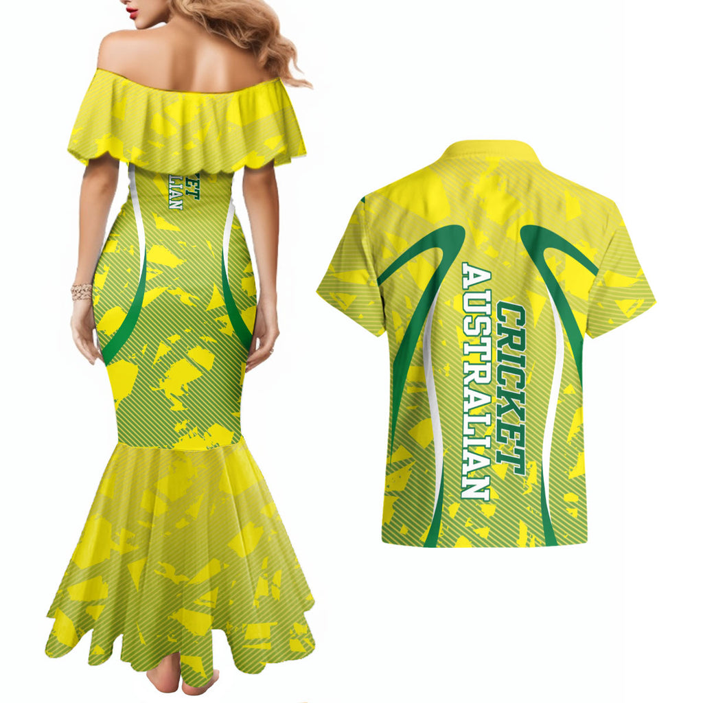 Cricket Australian Couples Matching Mermaid Dress and Hawaiian Shirt Map Silhouette With Green And Gold Geometric Pattern