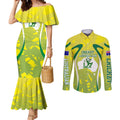 Cricket Australian Couples Matching Mermaid Dress and Long Sleeve Button Shirt Map Silhouette With Green And Gold Geometric Pattern