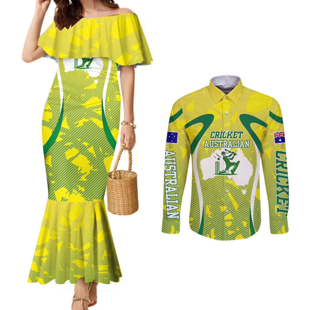 Cricket Australian Couples Matching Mermaid Dress and Long Sleeve Button Shirt Map Silhouette With Green And Gold Geometric Pattern
