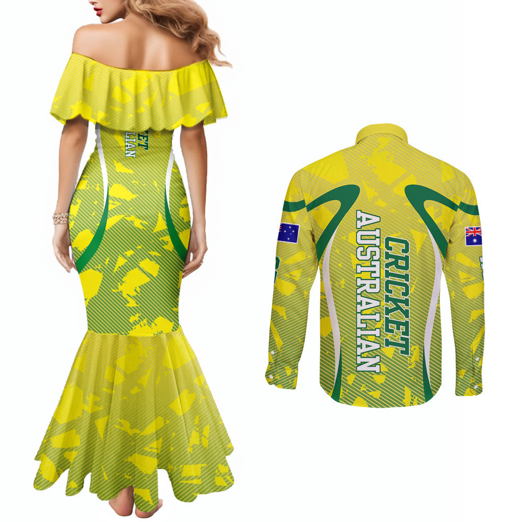 Cricket Australian Couples Matching Mermaid Dress and Long Sleeve Button Shirt Map Silhouette With Green And Gold Geometric Pattern