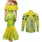 Cricket Australian Couples Matching Mermaid Dress and Long Sleeve Button Shirt Map Silhouette With Green And Gold Geometric Pattern