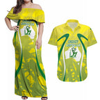 Cricket Australian Couples Matching Off Shoulder Maxi Dress and Hawaiian Shirt Map Silhouette With Green And Gold Geometric Pattern