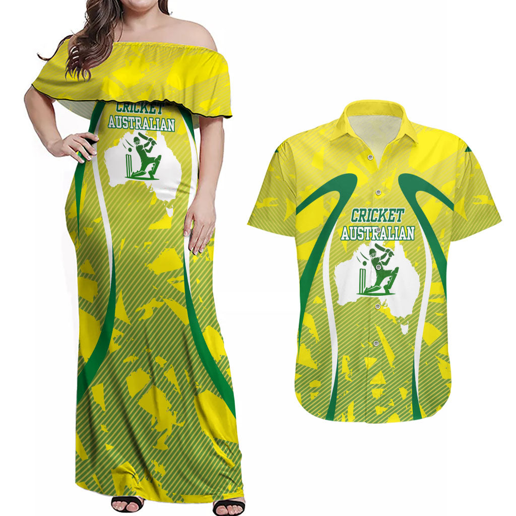 Cricket Australian Couples Matching Off Shoulder Maxi Dress and Hawaiian Shirt Map Silhouette With Green And Gold Geometric Pattern