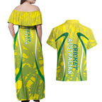 Cricket Australian Couples Matching Off Shoulder Maxi Dress and Hawaiian Shirt Map Silhouette With Green And Gold Geometric Pattern