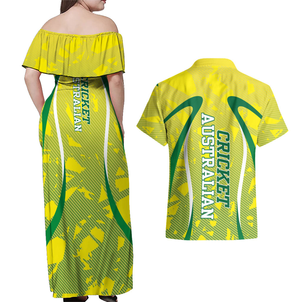 Cricket Australian Couples Matching Off Shoulder Maxi Dress and Hawaiian Shirt Map Silhouette With Green And Gold Geometric Pattern