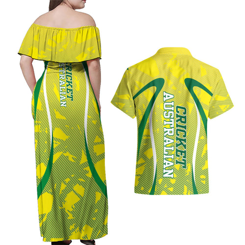 Cricket Australian Couples Matching Off Shoulder Maxi Dress and Hawaiian Shirt Map Silhouette With Green And Gold Geometric Pattern