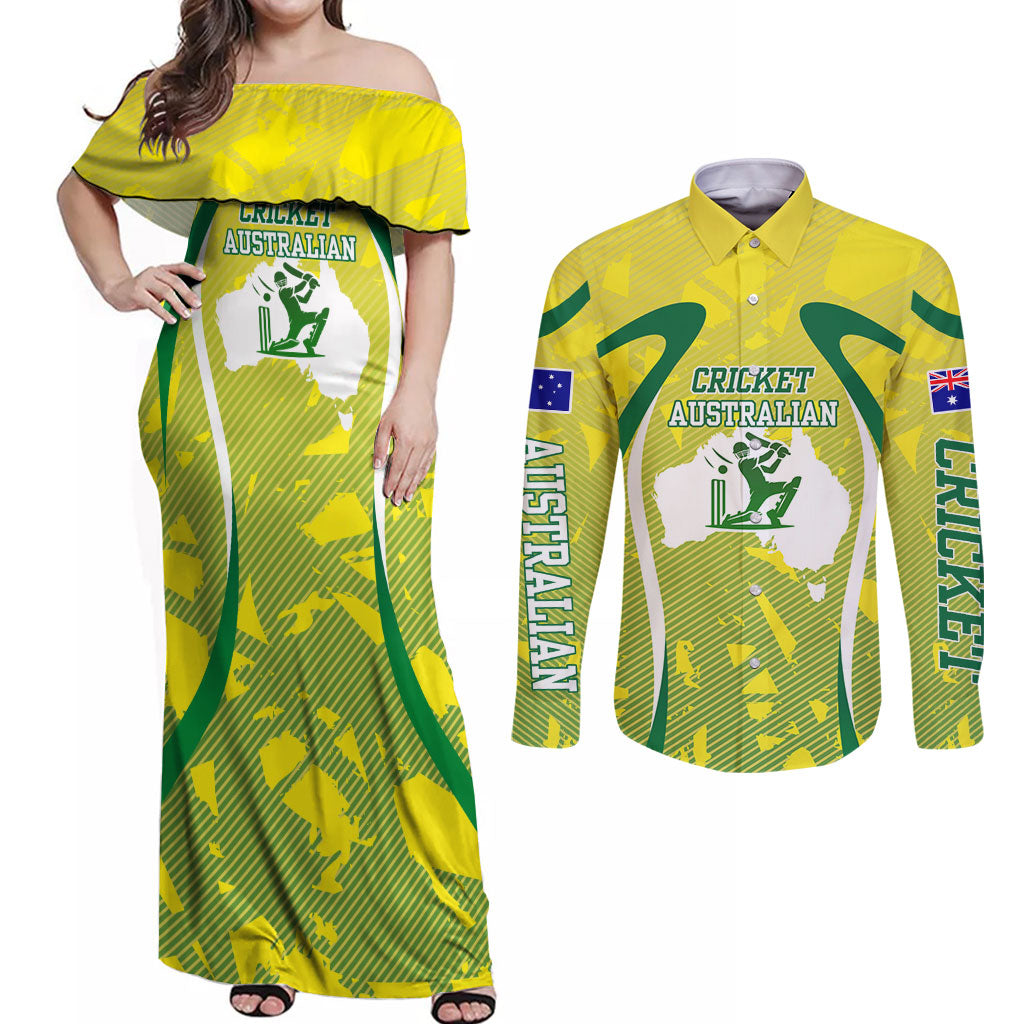 Cricket Australian Couples Matching Off Shoulder Maxi Dress and Long Sleeve Button Shirt Map Silhouette With Green And Gold Geometric Pattern