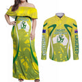 Cricket Australian Couples Matching Off Shoulder Maxi Dress and Long Sleeve Button Shirt Map Silhouette With Green And Gold Geometric Pattern