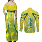 Cricket Australian Couples Matching Off Shoulder Maxi Dress and Long Sleeve Button Shirt Map Silhouette With Green And Gold Geometric Pattern