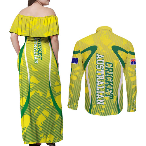 Cricket Australian Couples Matching Off Shoulder Maxi Dress and Long Sleeve Button Shirt Map Silhouette With Green And Gold Geometric Pattern