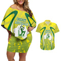 Cricket Australian Couples Matching Off Shoulder Short Dress and Hawaiian Shirt Map Silhouette With Green And Gold Geometric Pattern