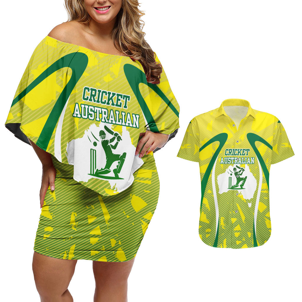 Cricket Australian Couples Matching Off Shoulder Short Dress and Hawaiian Shirt Map Silhouette With Green And Gold Geometric Pattern