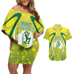 Cricket Australian Couples Matching Off Shoulder Short Dress and Hawaiian Shirt Map Silhouette With Green And Gold Geometric Pattern