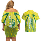 Cricket Australian Couples Matching Off Shoulder Short Dress and Hawaiian Shirt Map Silhouette With Green And Gold Geometric Pattern