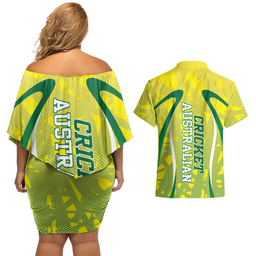 Cricket Australian Couples Matching Off Shoulder Short Dress and Hawaiian Shirt Map Silhouette With Green And Gold Geometric Pattern