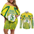 Cricket Australian Couples Matching Off Shoulder Short Dress and Long Sleeve Button Shirt Map Silhouette With Green And Gold Geometric Pattern