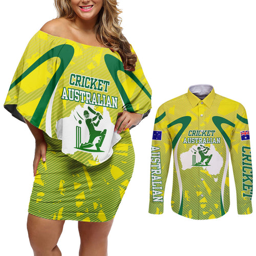 Cricket Australian Couples Matching Off Shoulder Short Dress and Long Sleeve Button Shirt Map Silhouette With Green And Gold Geometric Pattern