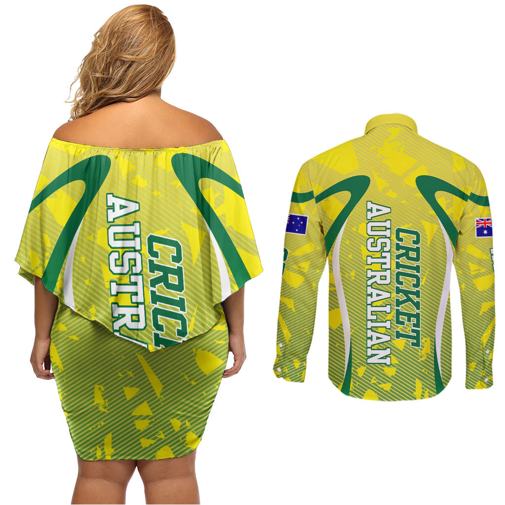 Cricket Australian Couples Matching Off Shoulder Short Dress and Long Sleeve Button Shirt Map Silhouette With Green And Gold Geometric Pattern