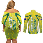 Cricket Australian Couples Matching Off Shoulder Short Dress and Long Sleeve Button Shirt Map Silhouette With Green And Gold Geometric Pattern
