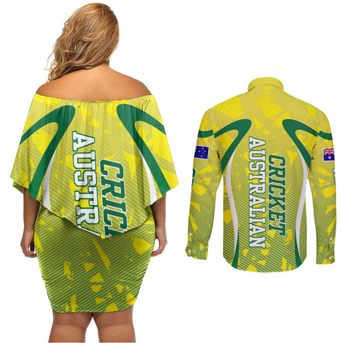 Cricket Australian Couples Matching Off Shoulder Short Dress and Long Sleeve Button Shirt Map Silhouette With Green And Gold Geometric Pattern