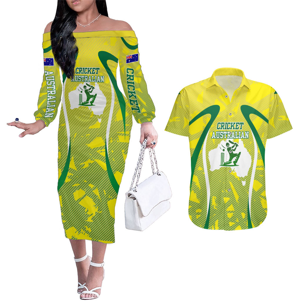 Cricket Australian Couples Matching Off The Shoulder Long Sleeve Dress and Hawaiian Shirt Map Silhouette With Green And Gold Geometric Pattern