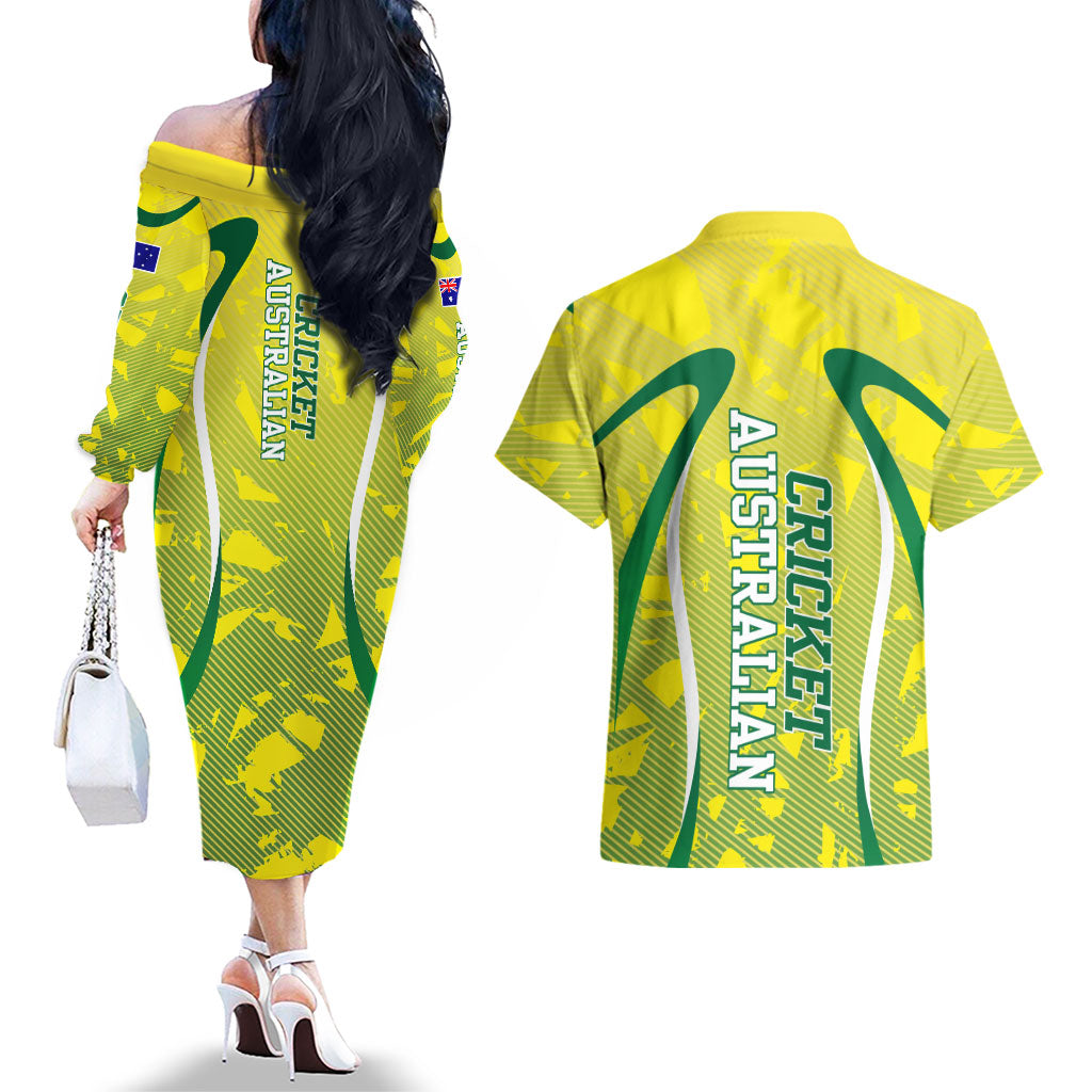 Cricket Australian Couples Matching Off The Shoulder Long Sleeve Dress and Hawaiian Shirt Map Silhouette With Green And Gold Geometric Pattern