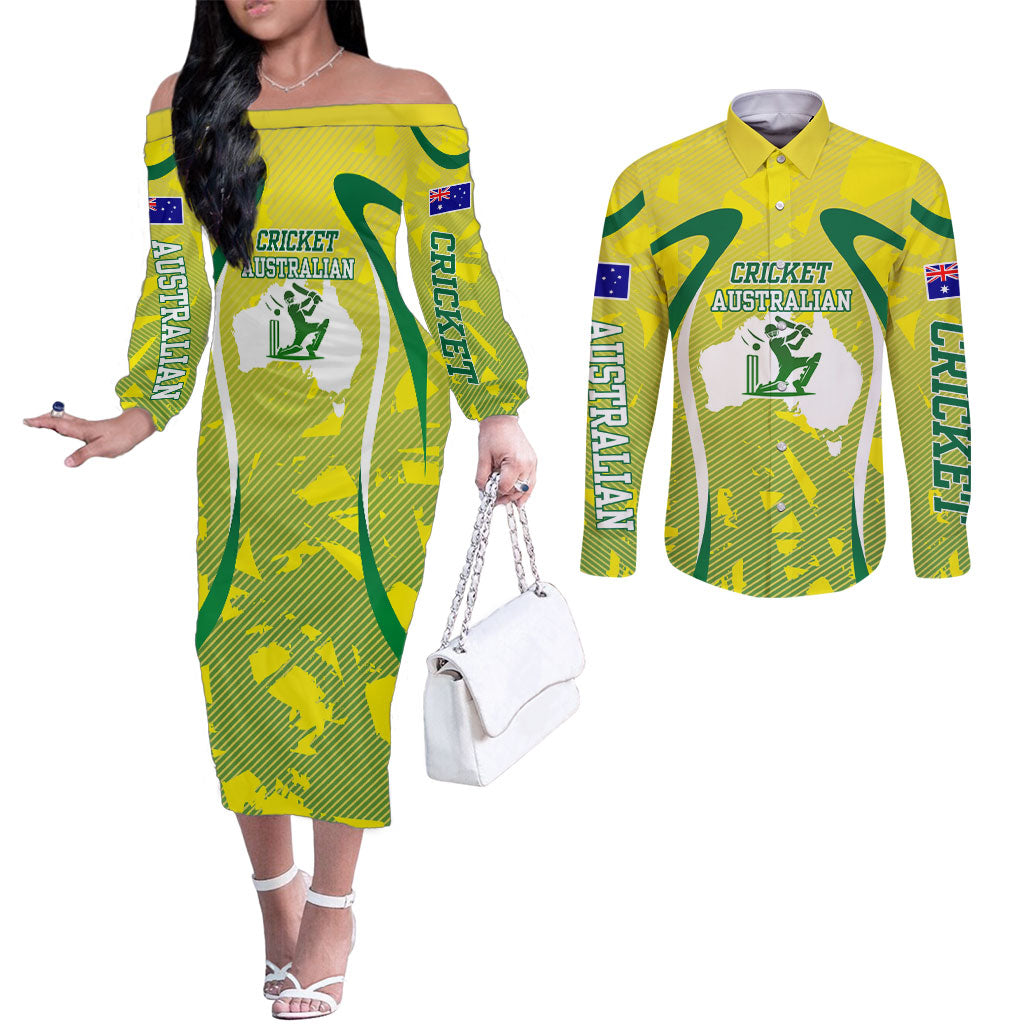 Cricket Australian Couples Matching Off The Shoulder Long Sleeve Dress and Long Sleeve Button Shirt Map Silhouette With Green And Gold Geometric Pattern