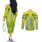 Cricket Australian Couples Matching Off The Shoulder Long Sleeve Dress and Long Sleeve Button Shirt Map Silhouette With Green And Gold Geometric Pattern