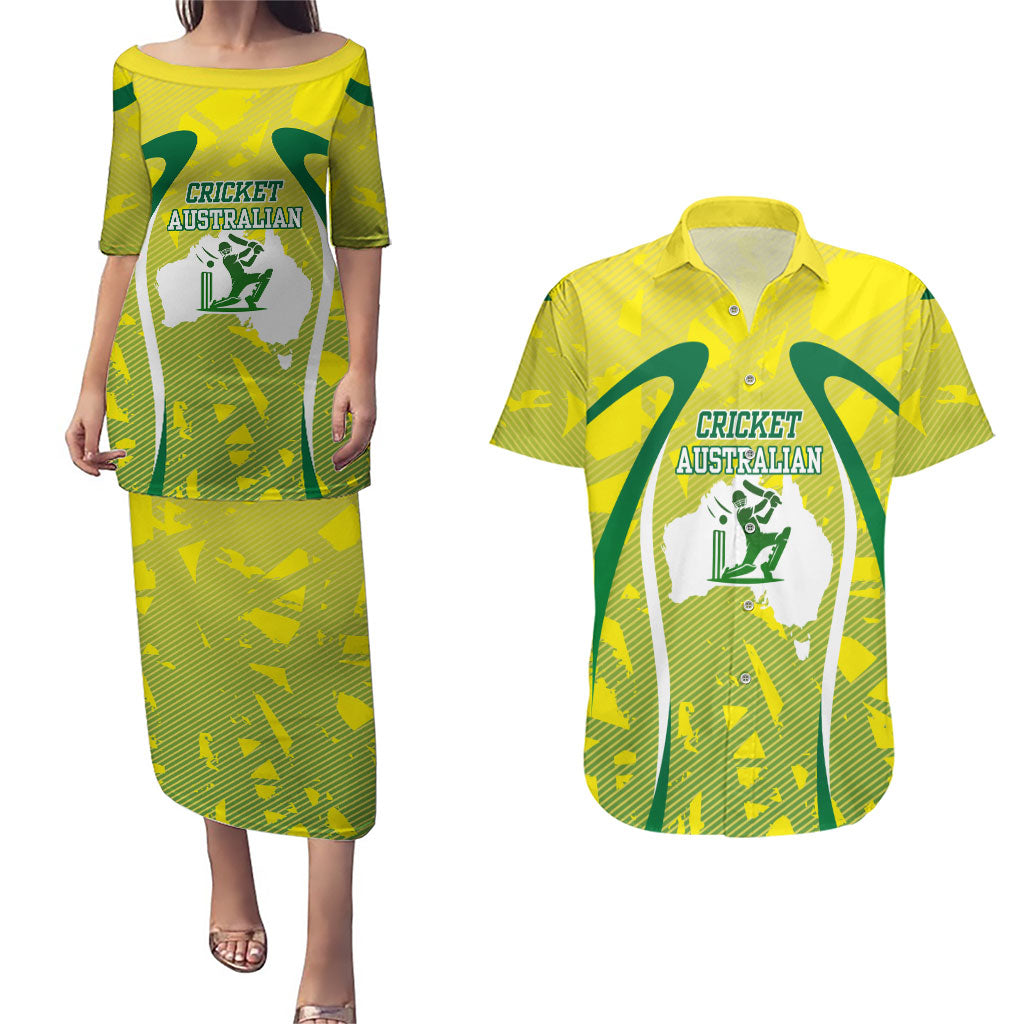 Cricket Australian Couples Matching Puletasi and Hawaiian Shirt Map Silhouette With Green And Gold Geometric Pattern