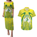 Cricket Australian Couples Matching Puletasi and Hawaiian Shirt Map Silhouette With Green And Gold Geometric Pattern