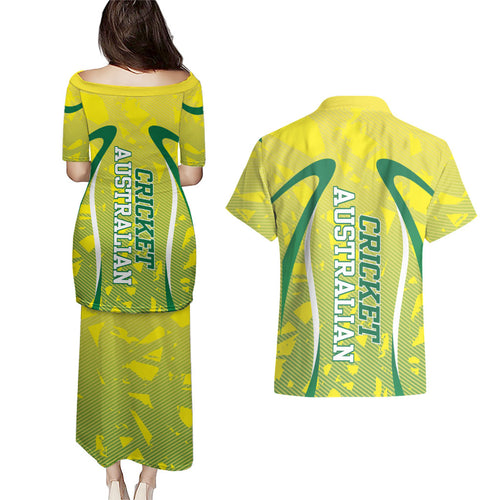 Cricket Australian Couples Matching Puletasi and Hawaiian Shirt Map Silhouette With Green And Gold Geometric Pattern