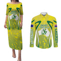 Cricket Australian Couples Matching Puletasi and Long Sleeve Button Shirt Map Silhouette With Green And Gold Geometric Pattern