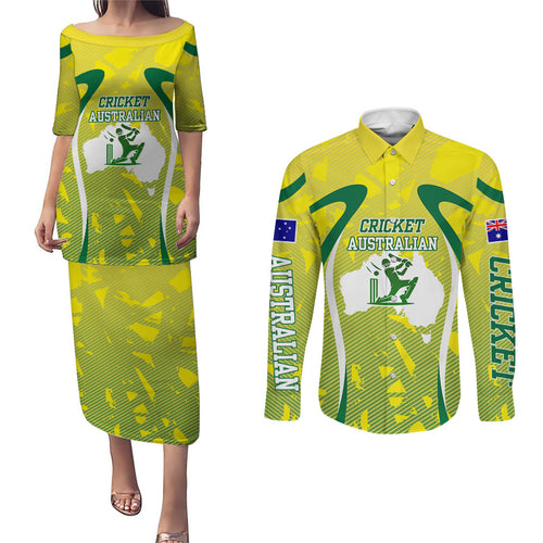 Cricket Australian Couples Matching Puletasi and Long Sleeve Button Shirt Map Silhouette With Green And Gold Geometric Pattern