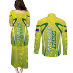 Cricket Australian Couples Matching Puletasi and Long Sleeve Button Shirt Map Silhouette With Green And Gold Geometric Pattern