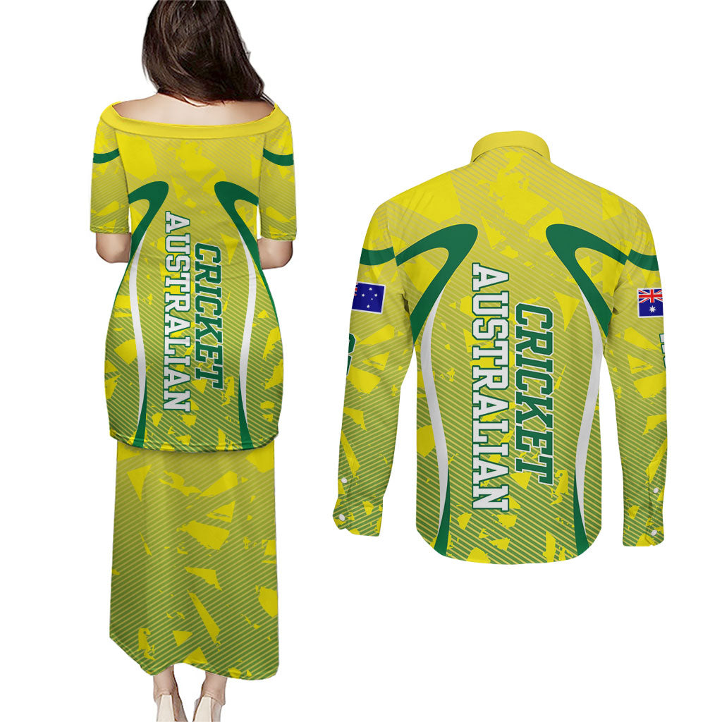 Cricket Australian Couples Matching Puletasi and Long Sleeve Button Shirt Map Silhouette With Green And Gold Geometric Pattern