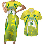 Cricket Australian Couples Matching Short Sleeve Bodycon Dress and Hawaiian Shirt Map Silhouette With Green And Gold Geometric Pattern