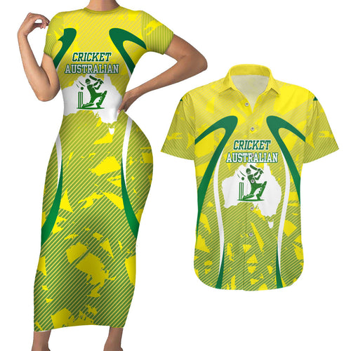 Cricket Australian Couples Matching Short Sleeve Bodycon Dress and Hawaiian Shirt Map Silhouette With Green And Gold Geometric Pattern