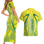 Cricket Australian Couples Matching Short Sleeve Bodycon Dress and Hawaiian Shirt Map Silhouette With Green And Gold Geometric Pattern