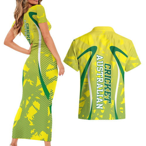Cricket Australian Couples Matching Short Sleeve Bodycon Dress and Hawaiian Shirt Map Silhouette With Green And Gold Geometric Pattern