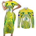 Cricket Australian Couples Matching Short Sleeve Bodycon Dress and Long Sleeve Button Shirt Map Silhouette With Green And Gold Geometric Pattern