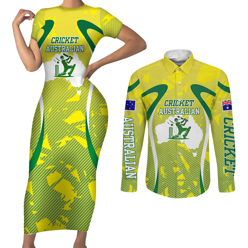 Cricket Australian Couples Matching Short Sleeve Bodycon Dress and Long Sleeve Button Shirt Map Silhouette With Green And Gold Geometric Pattern