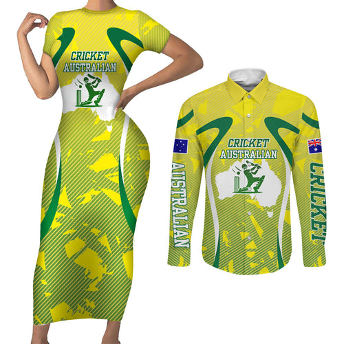 Cricket Australian Couples Matching Short Sleeve Bodycon Dress and Long Sleeve Button Shirt Map Silhouette With Green And Gold Geometric Pattern