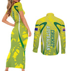 Cricket Australian Couples Matching Short Sleeve Bodycon Dress and Long Sleeve Button Shirt Map Silhouette With Green And Gold Geometric Pattern