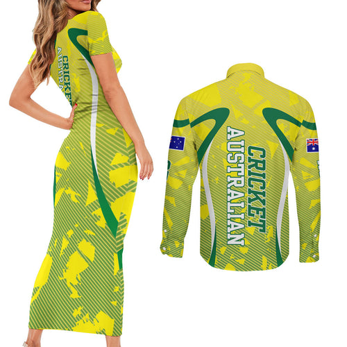 Cricket Australian Couples Matching Short Sleeve Bodycon Dress and Long Sleeve Button Shirt Map Silhouette With Green And Gold Geometric Pattern