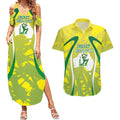 Cricket Australian Couples Matching Summer Maxi Dress and Hawaiian Shirt Map Silhouette With Green And Gold Geometric Pattern