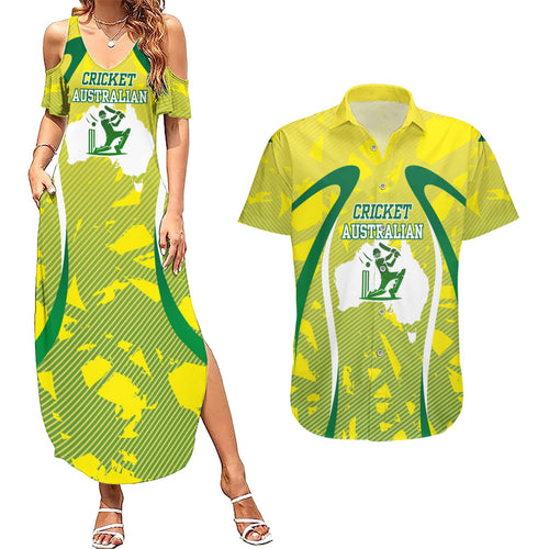Cricket Australian Couples Matching Summer Maxi Dress and Hawaiian Shirt Map Silhouette With Green And Gold Geometric Pattern