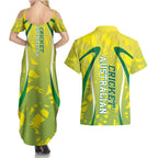 Cricket Australian Couples Matching Summer Maxi Dress and Hawaiian Shirt Map Silhouette With Green And Gold Geometric Pattern