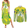 Cricket Australian Couples Matching Summer Maxi Dress and Long Sleeve Button Shirt Map Silhouette With Green And Gold Geometric Pattern